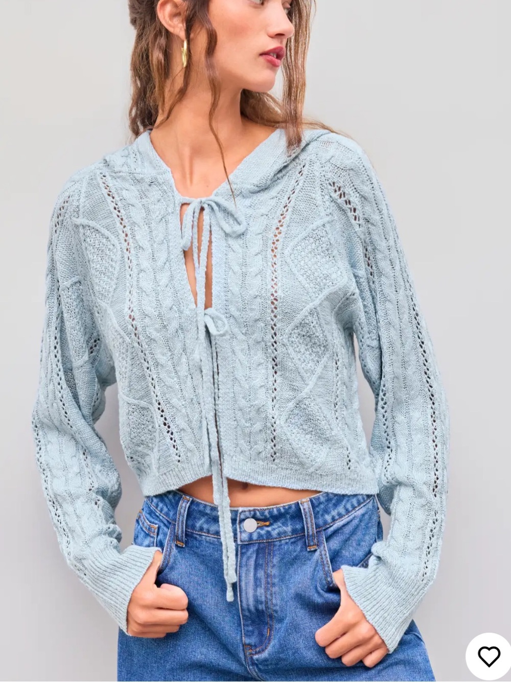 Cider Light Blue Hooded Cable-Knit Tie-Front Cardigan